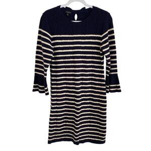 Talbots Navy Blue Ivory Stripe Cable Knit Wool Sweater Dress Bow Tie Back Bell